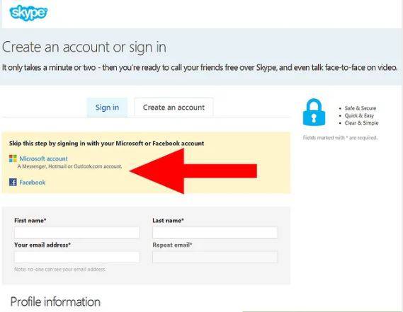  Create an account with skype