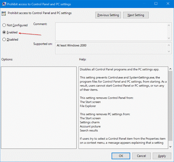 disable the settings on Windows 10.