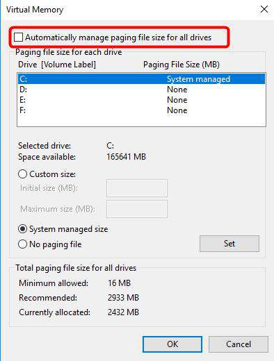 Automatically manage paging files size for all drives