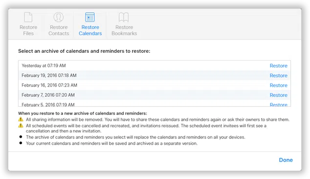 restore calendrs from icloud