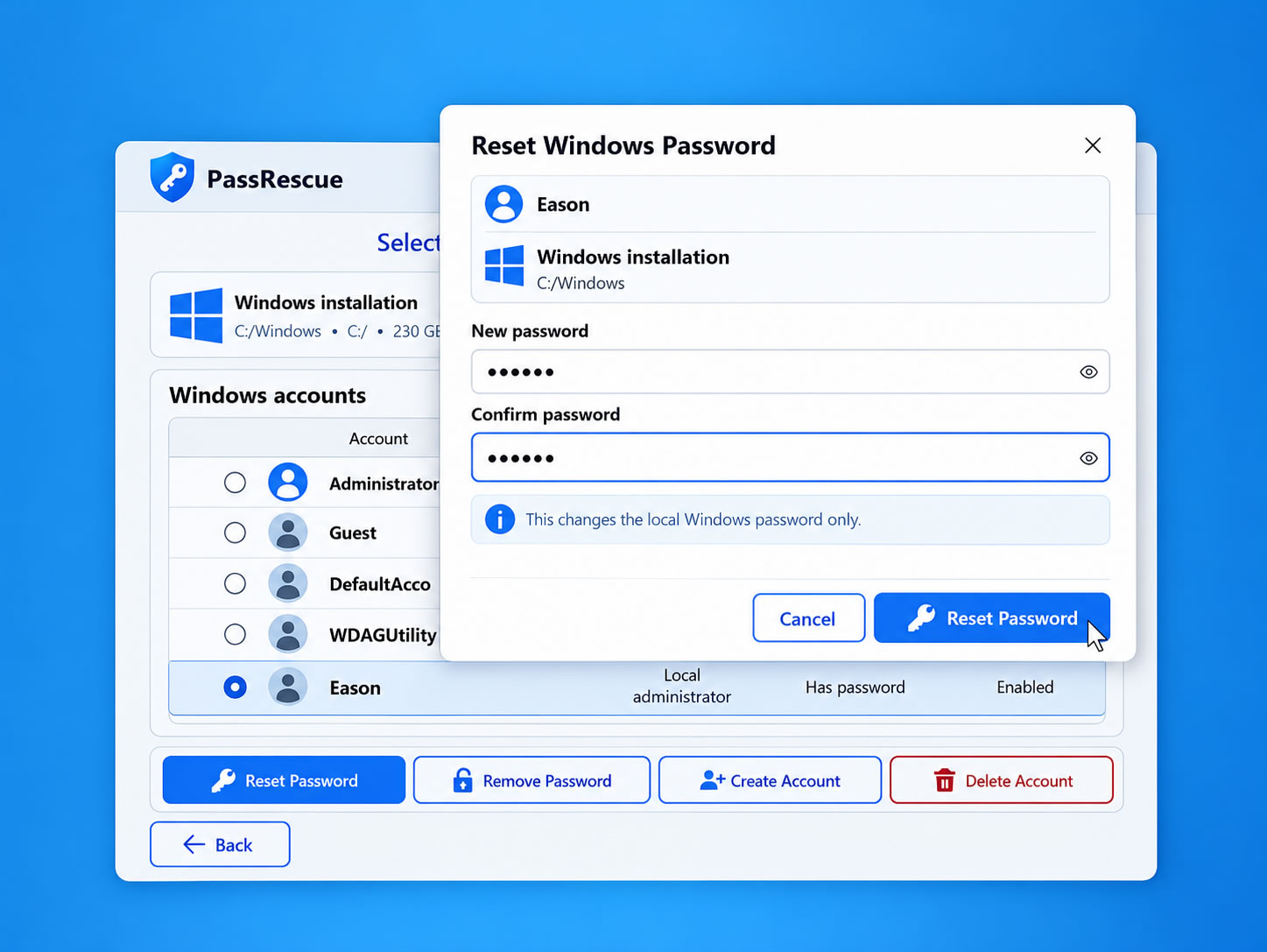 PassRescue Reset Password interface
