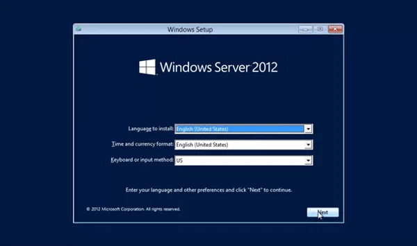 Insert the bootable Windows Server 2102 disk