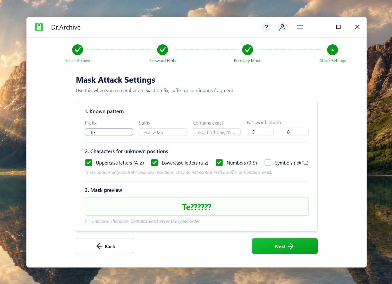 Set ZIP password mask attack
