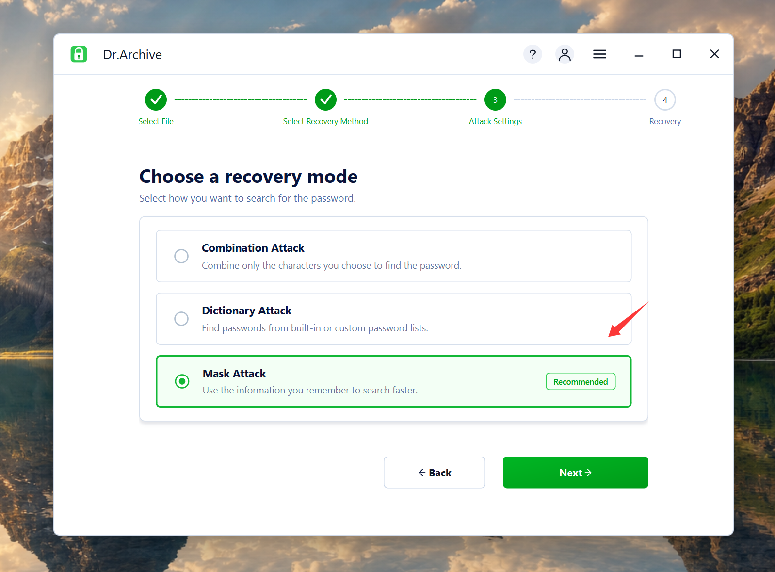 Choose ZIP password recovery mode
